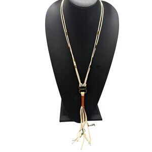 Ink + Alloy Leather Tassel Necklace Brass Accents Turquoise color beades